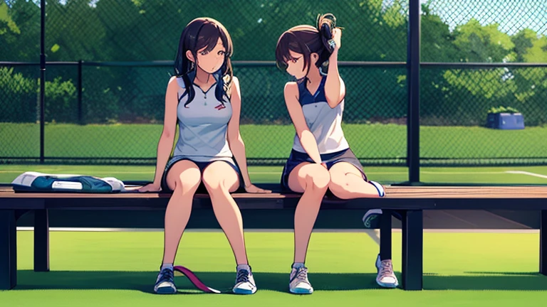 Please draw an illustration of a woman holding a tennis racket while taking a break between matches.。Woman sitting on a bench、She looks relaxed as she wipes away her sweat with a towel.。In the background is a green lawn and a tennis net.。