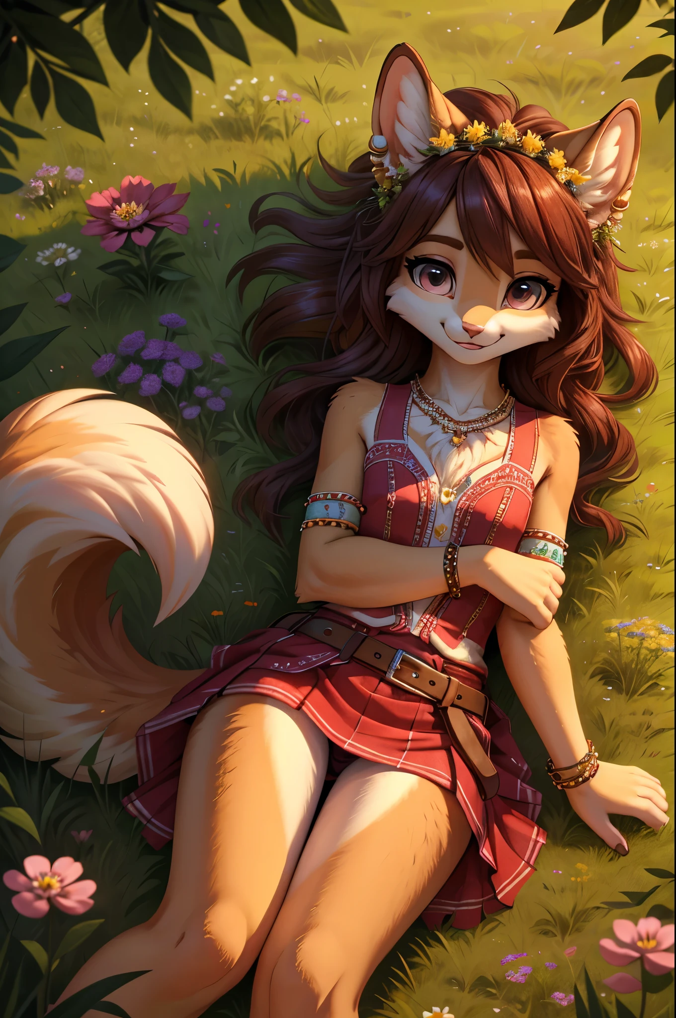 **Prompt:** A beautiful, (masterpiece), high quality, perfect lighting, highly detailed CG Unity 8k wallpaper, high resolution, perfect lighting, youthful, adolescent, tall, slim, skinny, frail slender figure, slim legs, distinctly feminine figure, narrow hips, long legs, close-up shot of a unique female squirrel character. She has fluffy, reddish-brown fur with darker streaks running along her back and tail, giving her a vibrant and dynamic look. Her hair is long, wavy, and a rich auburn color, cascading down her back and blending seamlessly with her fur. Her eyes are a striking amber, large and full of playful mischief.

She is dressed in an eclectic, boho-chic outfit: a fitted, embroidered vest over a flowing, patterned blouse with billowing sleeves. She pairs this with a layered, patchwork skirt in various earth tones and textures. Her accessories include a wide leather belt with a decorative buckle, numerous beaded bracelets, and feathered earrings. She also sports a flower crown made of wildflowers and leaves, adding a whimsical touch to her look.

The character is posed lying on her stomach on a soft, grassy meadow, her legs bent at the knees and feet playfully kicking in the air. Her face is the focus, resting on her folded arms, with a bright, cheerful smile and sparkling eyes looking directly at the viewer. The background is a soft blur of wildflowers and tall grass, with dappled sunlight filtering through, creating a warm, inviting scene that highlights her vibrant personality and the intricate details of her outfit.