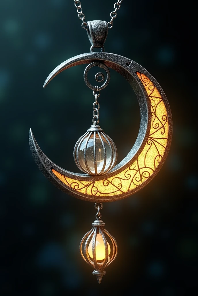 This is an enchanting crescent moon necklace, featuring a glowing, luminescent design. The crescent moon pendant is large and dominates the design, curving gracefully with a delicate filigree pattern that adds intricate detail to its surface. The crescent has a soft, radiant Golden glow that emanates from within, creating a magical and otherworldly effect. Hanging from the inside of the crescent moon is a small, spherical crystal or orb, encased in an ornate, silver metal cage. The orb also emits a faint Golden glow, harmonizing with the light of the crescent moon. The metal cage surrounding the orb is intricately designed, with delicate swirls and loops that add a touch of elegance and complexity. The pendant is attached to a fine, silver chain that complements the overall design. The chain is simple and unobtrusive, allowing the focus to remain on the glowing crescent moon and orb pendant. The overall aesthetic of the necklace is mystical and celestial, perfect for someone who appreciates unique, fantasy-inspired jewelry with a touch of magic.