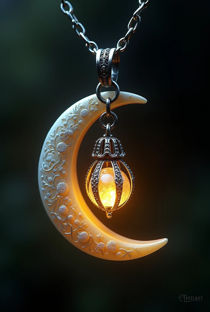 This is an enchanting crescent moon necklace, featuring a glowing, luminescent design. The crescent moon pendant is large and dominates the design, curving gracefully with a delicate filigree pattern that adds intricate detail to its surface. The crescent has a soft, radiant Golden glow that emanates from within, creating a magical and otherworldly effect. Hanging from the inside of the crescent moon is a small, spherical crystal or orb, encased in an ornate, silver metal cage. The orb also emits a faint Golden glow, harmonizing with the light of the crescent moon. The metal cage surrounding the orb is intricately designed, with delicate swirls and loops that add a touch of elegance and complexity. The pendant is attached to a fine, silver chain that complements the overall design. The chain is simple and unobtrusive, allowing the focus to remain on the glowing crescent moon and orb pendant. The overall aesthetic of the necklace is mystical and celestial, perfect for someone who appreciates unique, fantasy-inspired jewelry with a touch of magic.