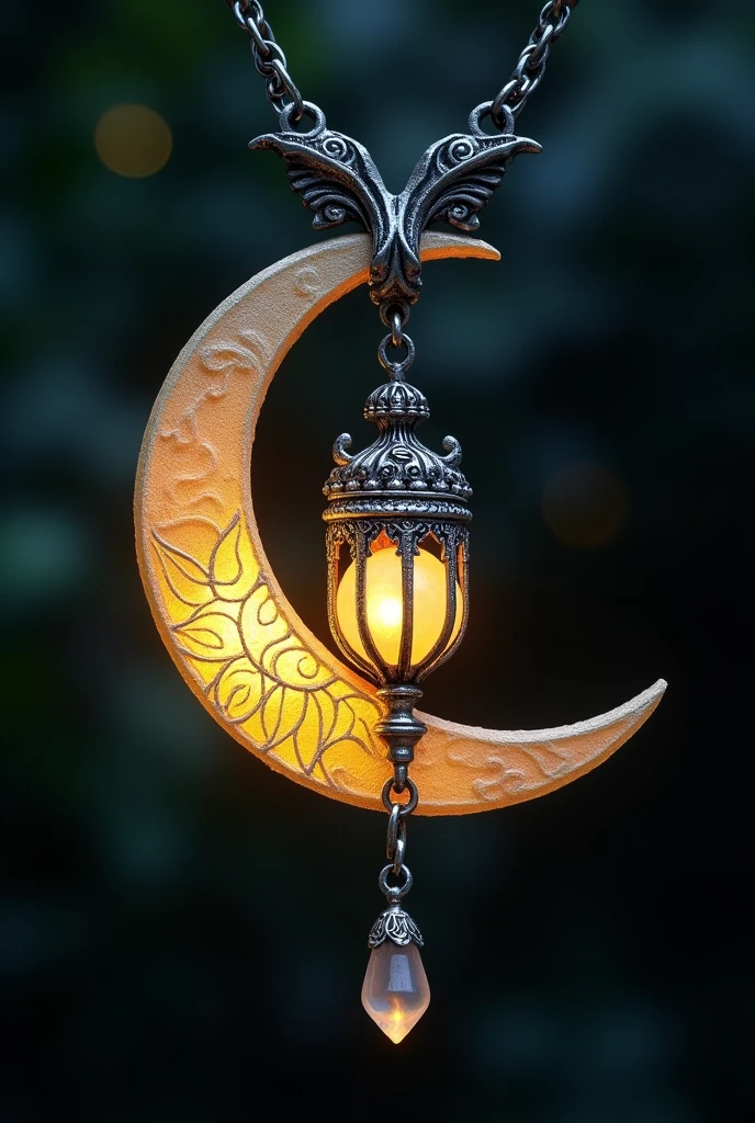 This is an enchanting crescent moon necklace, featuring a glowing, luminescent design. The crescent moon pendant is large and dominates the design, curving gracefully with a delicate filigree pattern that adds intricate detail to its surface. The crescent has a soft, radiant Golden glow that emanates from within, creating a magical and otherworldly effect. Hanging from the inside of the crescent moon is a small, spherical crystal or orb, encased in an ornate, silver metal cage. The orb also emits a faint Golden glow, harmonizing with the light of the crescent moon. The metal cage surrounding the orb is intricately designed, with delicate swirls and loops that add a touch of elegance and complexity. The pendant is attached to a fine, silver chain that complements the overall design. The chain is simple and unobtrusive, allowing the focus to remain on the glowing crescent moon and orb pendant. The overall aesthetic of the necklace is mystical and celestial, perfect for someone who appreciates unique, fantasy-inspired jewelry with a touch of magic.