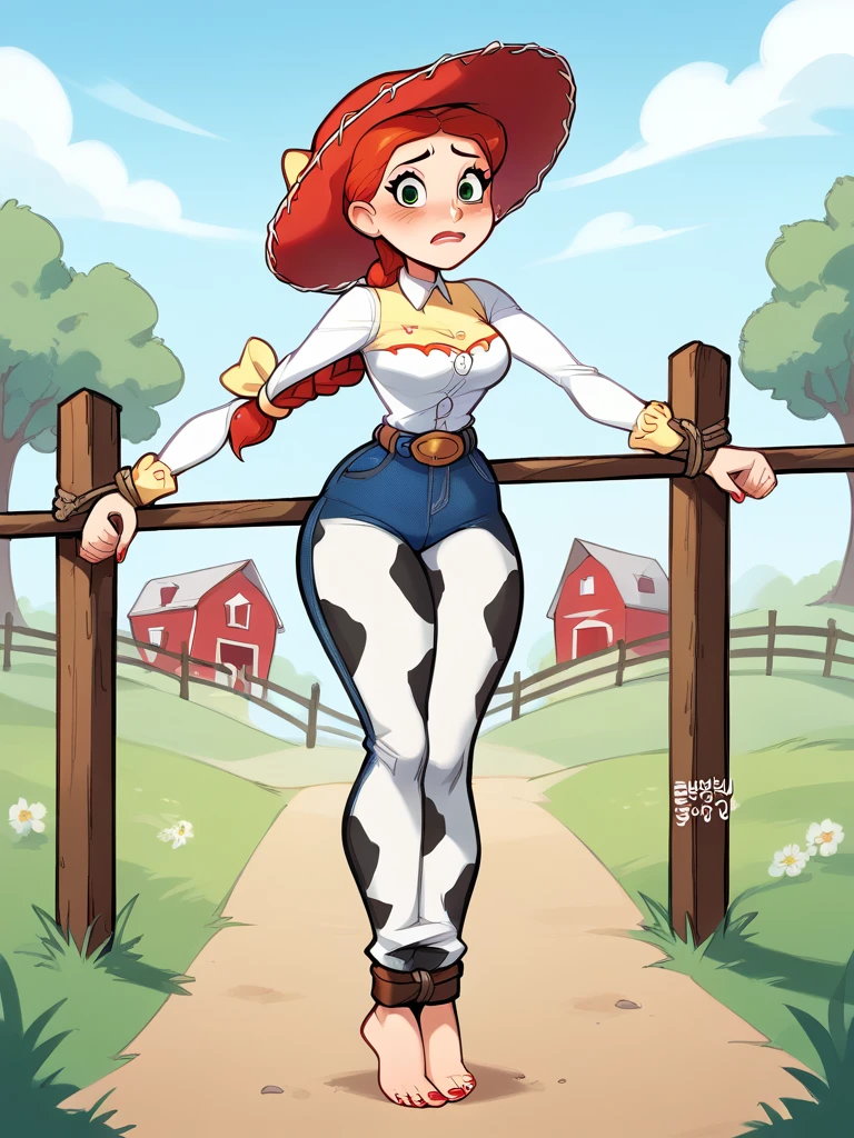 score_9, score_8_up, score_7_up, score_6_up, JessieXLP , cameltoe, nervous, hat, red hair, braid, bow, belt, animal print, cow print,jeans  pants, medium breasts, narrow waist, wide hips, thick thighs, looking at viewer, cartoon, cute, wide shot, solo, farm, disney,5 toes, red toe nails, tied ankles together, tied arms, Focus full body, Standing, with no shoes 
 blushyspicy,