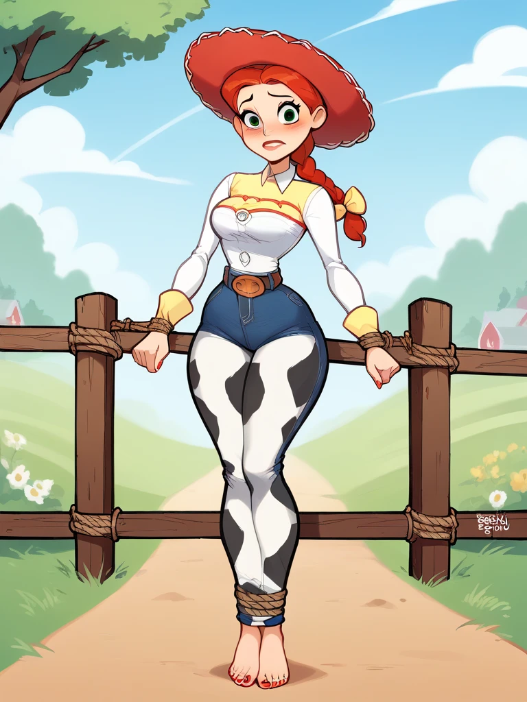 score_9, score_8_up, score_7_up, score_6_up, JessieXLP , cameltoe, nervous, hat, red hair, braid, bow, belt, animal print, cow print,jeans  pants, medium breasts, narrow waist, wide hips, thick thighs, looking at viewer, cartoon, cute, wide shot, solo, farm, disney,5 toes, red toe nails, tied ankles together, tied arms, Focus full body, Standing, with no shoes 
 blushyspicy,