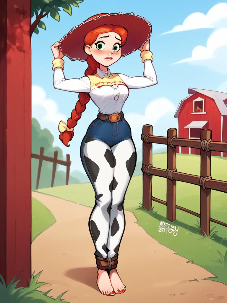 score_9, score_8_up, score_7_up, score_6_up, JessieXLP , cameltoe, nervous, hat, red hair, braid, bow, belt, animal print, cow print,jeans  pants, medium breasts, narrow waist, wide hips, thick thighs, looking at viewer, cartoon, cute, wide shot, solo, farm, disney,5 toes, red toe nails, tied ankles together, tied arms, Focus full body, Standing, with no shoes 
 blushyspicy,