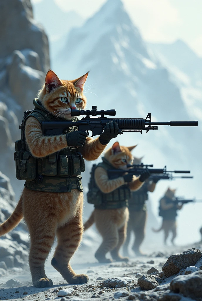 Cat army drass stendup two legs with  sniper aem