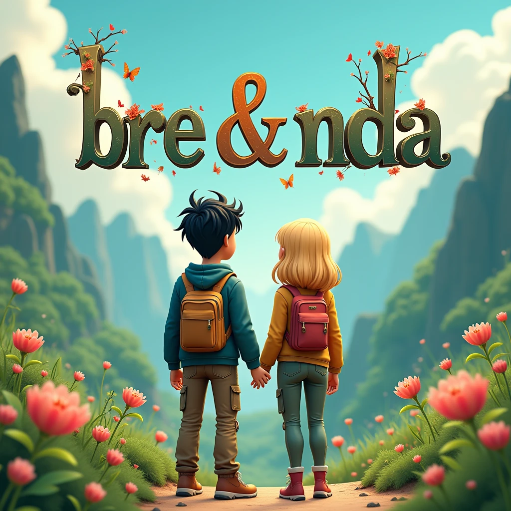 an outlined artistic text written "BRE & NDA" above couple in outdoor, black hair male, blonde hair female, cargo pant, jacket and backpack, green mountainous theme, 3d cartoon, fantasy art, masterpiece, high definition, extreme detail, cinematic lighting, 4K
