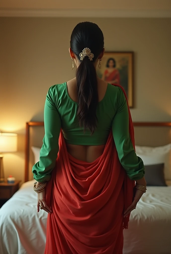 Beautiful and Slim Indian woman Aishwarya Rai in green blouse red saree lifting a large chubby man above her shoulders, man is sitting on woman's shoulders, in a bedroom with high ceiling, woman is showing her back to the camera , full body image , close up