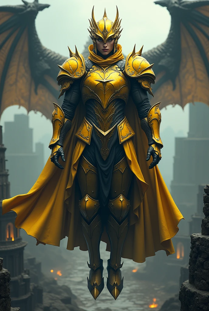 A big guy man adorned in fantasy-style full-body armor wearing silver VR. a crown-concept fully enclosed helmet that unveils only her eyes, a composite layered chest muscle, fully encompassing shoulder and hand guards, a lightweight waist armor, form-fitting shin guards, the overall design is heavy-duty yet flexible, ((the armor gleams with a yellow lighting, complemented by black and silver accents)), exhibiting a noble aura, he floats above the anciemt lost city and back ground aa giant dragon at game of thronce, this character embodies a finely crafted fantasy-surreal style armored hero in anime style, exquisite and mature manga art style, (Bat concept Armor, photorealistic:1.4, real texture material:1.2, professional photo, cinematic), ((city night view, element, energy, elegant, goddess, gentlement:1.5)), metallic, high definition, best quality, highres, ultra-detailed, ultra-fine painting, extremely delicate, anatomically correct, symmetrical face, extremely detailed wearing VR, high quality eyes, creativity, RAW photo, UHD, 32k, Natural light, cinematic lighting, masterpiece-anatomy-perfect, masterpiece:1.5