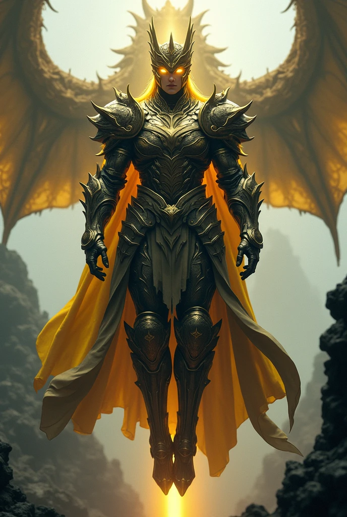 A big guy man adorned in fantasy-style full-body armor wearing silver VR. a crown-concept fully enclosed helmet that unveils only her eyes, a composite layered chest muscle, fully encompassing shoulder and hand guards, a lightweight waist armor, form-fitting shin guards, the overall design is heavy-duty yet flexible, ((the armor gleams with a yellow lighting, complemented by black and silver accents)), exhibiting a noble aura, he floats above the anciemt lost city and back ground aa giant dragon at game of thronce, this character embodies a finely crafted fantasy-surreal style armored hero in anime style, exquisite and mature manga art style, (Bat concept Armor, photorealistic:1.4, real texture material:1.2, professional photo, cinematic), ((city night view, element, energy, elegant, goddess, gentlement:1.5)), metallic, high definition, best quality, highres, ultra-detailed, ultra-fine painting, extremely delicate, anatomically correct, symmetrical face, extremely detailed wearing VR, high quality eyes, creativity, RAW photo, UHD, 32k, Natural light, cinematic lighting, masterpiece-anatomy-perfect, masterpiece:1.5