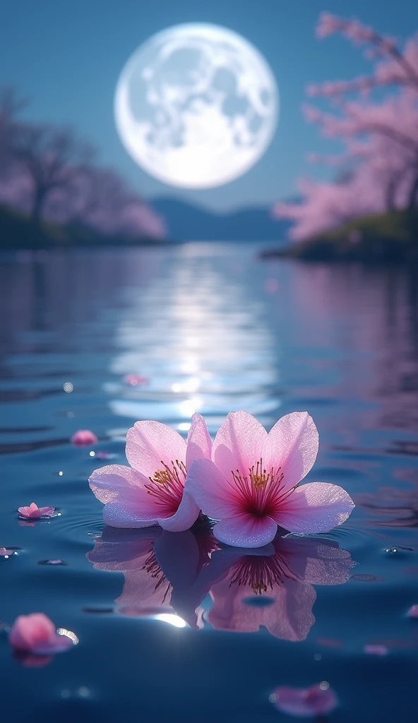 Close up on cherry flowers fall in water, full moon night, 8k