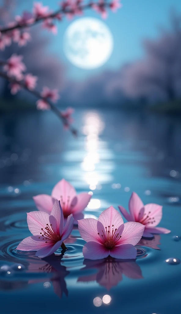 Close up on cherry flowers fall in water, full moon night, 8k