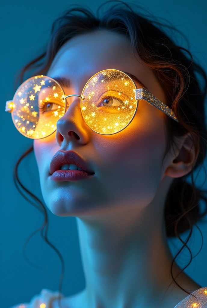 model wearing vitreous sunglasses with star and moon in the glass, in the style of dark sky-blue and light yellow, minimalist pen lines, fairy kei, use of precious materials, vibrant and lively hues, captivating, glitter