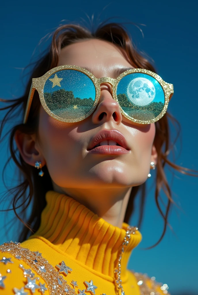 model wearing vitreous sunglasses with star and moon in the glass, in the style of dark sky-blue and light yellow, minimalist pen lines, fairy kei, use of precious materials, vibrant and lively hues, captivating, glitter