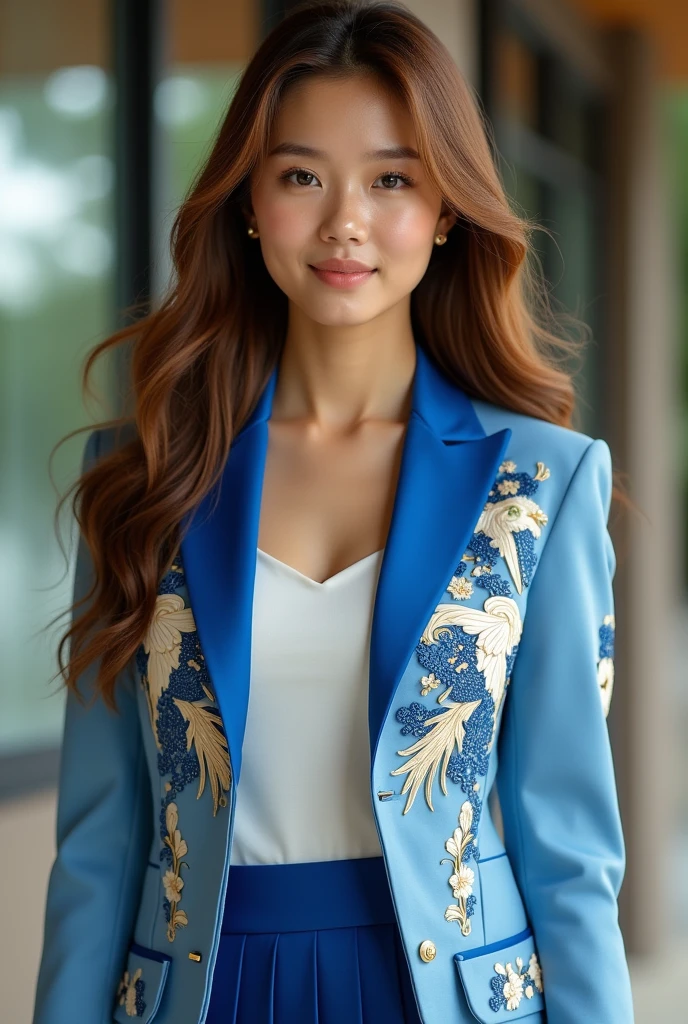 cringe 8k (Model)Thai young woman is confident and beautiful++, Cho's body has long, beautiful golden brown hair and a sharp, beautiful face. , elegant formal sports fashion, modern Thai inspired design, Wearing a blazer (The Rattle)+ blue and white, a beautiful heron decorated in the Thai way. +Pleated skirt reflects modern life
cringe 8k (Model)Thai young woman is confident and beautiful++, Cho's body has long, beautiful golden brown hair and a sharp, beautiful face. , elegant formal sports fashion, modern Thai inspired design, Wearing a blazer (The Rattle)+ blue and white, a beautiful heron decorated in the Thai way. +Pleated skirt reflects modern lifeSmile a lot.
