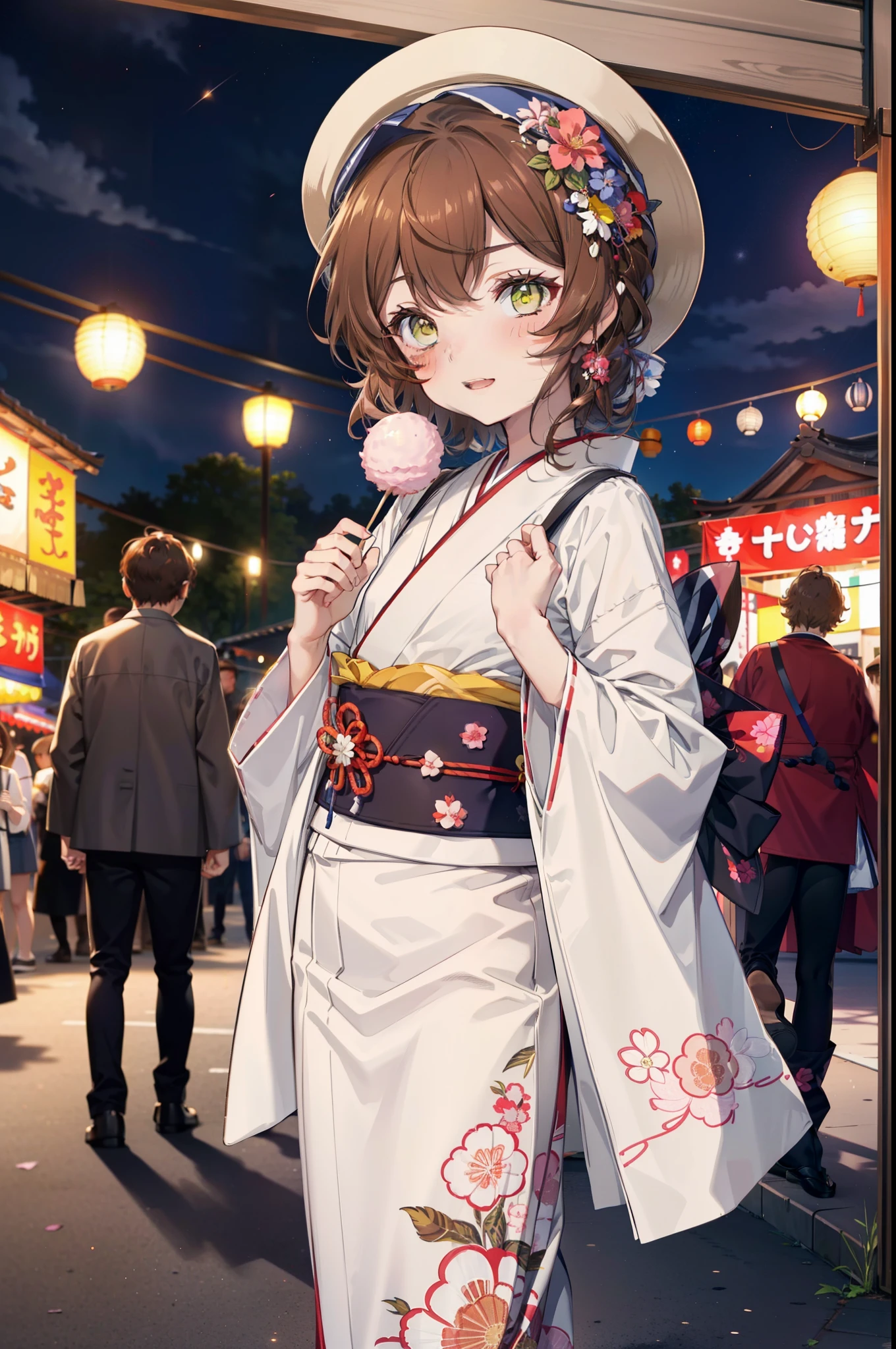 Lililukarde, (Brown eyes:1.7), Brown Hair, (Flat Chest:1.2), short hair,smile,blush,Open your mouth,night,Brown kimono,mini skirt,He is holding cotton candy in his right hand and a clear bag full of cotton candy in his left hand.,Japanese Festivals,Summer festival food stalls,Red lantern,whole bodyがイラストに入るように,
break looking at viewer,whole body, (Cowboy Shot:1. 5),
break outdoors, Veranda,
break (masterpiece:1.2), Highest quality, High resolution, unity 8k wallpaper, (figure:0.8), (Beautiful attention to detail:1.6), Highly detailed face, Perfect lighting, Highly detailed CG, (Perfect hands, Perfect Anatomy),