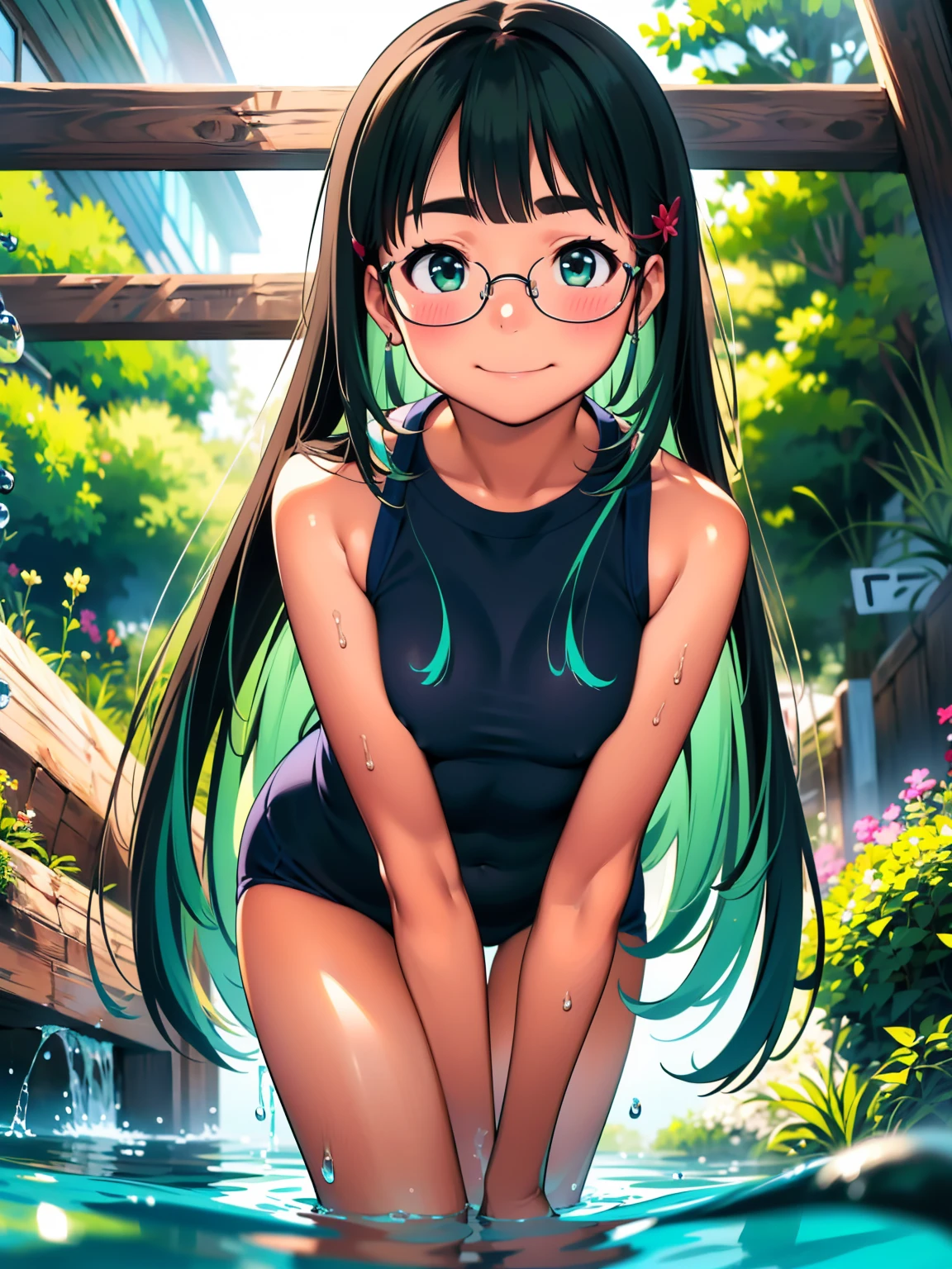 8K quality,(super masterpiece:1.3),Highest quality,Detailed Images,(((1 girl))),10th Generation,face(smile,笑face),(Droopy eyes,Green Eyes,Green Eyes,Bright Eyes),(Light blue hair,Long Hair),(Glasses,The frame is thin,小さいGlasses),(Thick eyebrows,Thick eyebrows),Body Type(Large Breasts,F cupの胸,Medium build,(Plump:0.8)),Tan Skin,posture(flight in the cloud,sky diving,fly in the sky,flying above clouds),(Navy blue school swimsuit),background(stratosphere,universe,Earth,High enough to see the ground),(faceはカメラに対して正面を向く,Looking at the viewer from the front,looking at the camera,The body faces the viewer,The body is facing the direction of the camera,faceはカメラを真っ直ぐ見る).