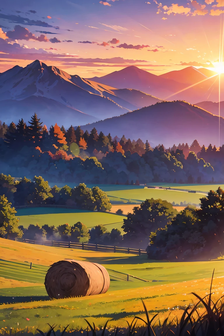 imagine an anime style photograph of a beautiful landscape with a mountain range in the background. The sky is filled with orange and pink hues, indicating that it is either sunrise or sunset. The mountains are covered in green grass and trees, and the horizon is visible in the distance. In the foreground, there are several hay bales scattered across the field. The overall mood of the image is peaceful and serene.