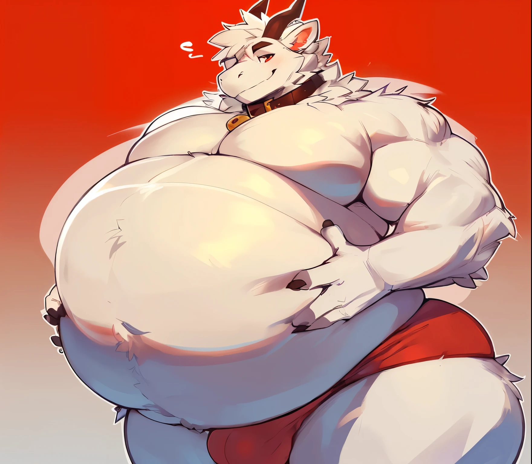 Profile picture of a ((Solo)), 1 boy, male, very largest, ((bara)), buff, extremely thickened overweight body, ((((1500 pounds)))):2, ((((((massive fluffy belly)))))):1.5, (((((massive thighs, massive curves, massive pecs, massive biceps))))):2.5, ((((red poofy)))), fluffy, ((hunky)) (((dragon))) with, (((dragon snout))):1.3, wearing collar and ((red briefs)), (bulge, very detailed crotch bulge, bulging), holding belly, looking at viewer, cute smirk, simple background, by zackary911, by darkgem, posted on e621, posted on FurAffinity