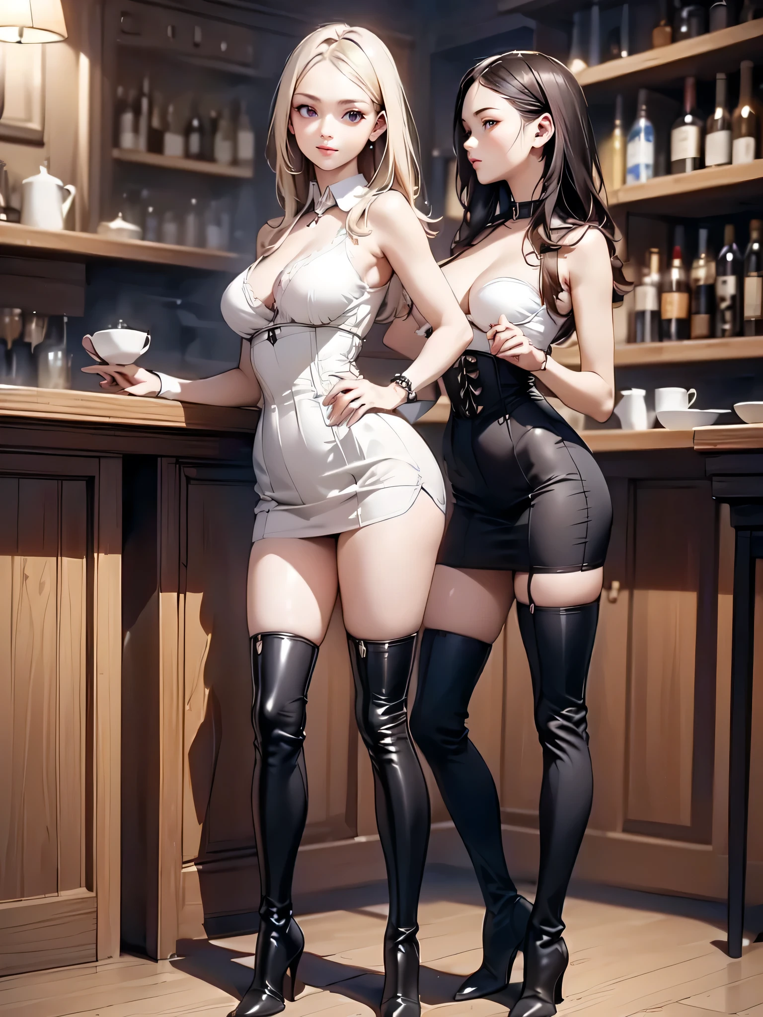 (masterpiece:1.3),(best quality, highest quality),((Full Body Shot,Including face)),1girl,Standing position,4K,masterpiece,((Focus on the face)),((Symmetrical facial features)),Beautiful woman,slender,Beautiful feet,((Thigh-high boots)),Detailed depiction of the face,bar counter,Cafe clerk uniform,Realistic,profile,Corset standing diagonally,