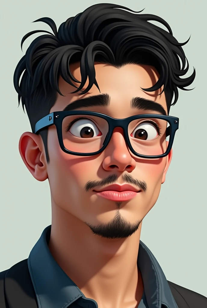 I'm a guy with short, black, wavy hair with an American cut., with very black eyebrows, Round face, lips a little thick, I wear blue framed glasses with square lenses. I'm 2 and I like games, thin black mustache and beard. slanted eyes
