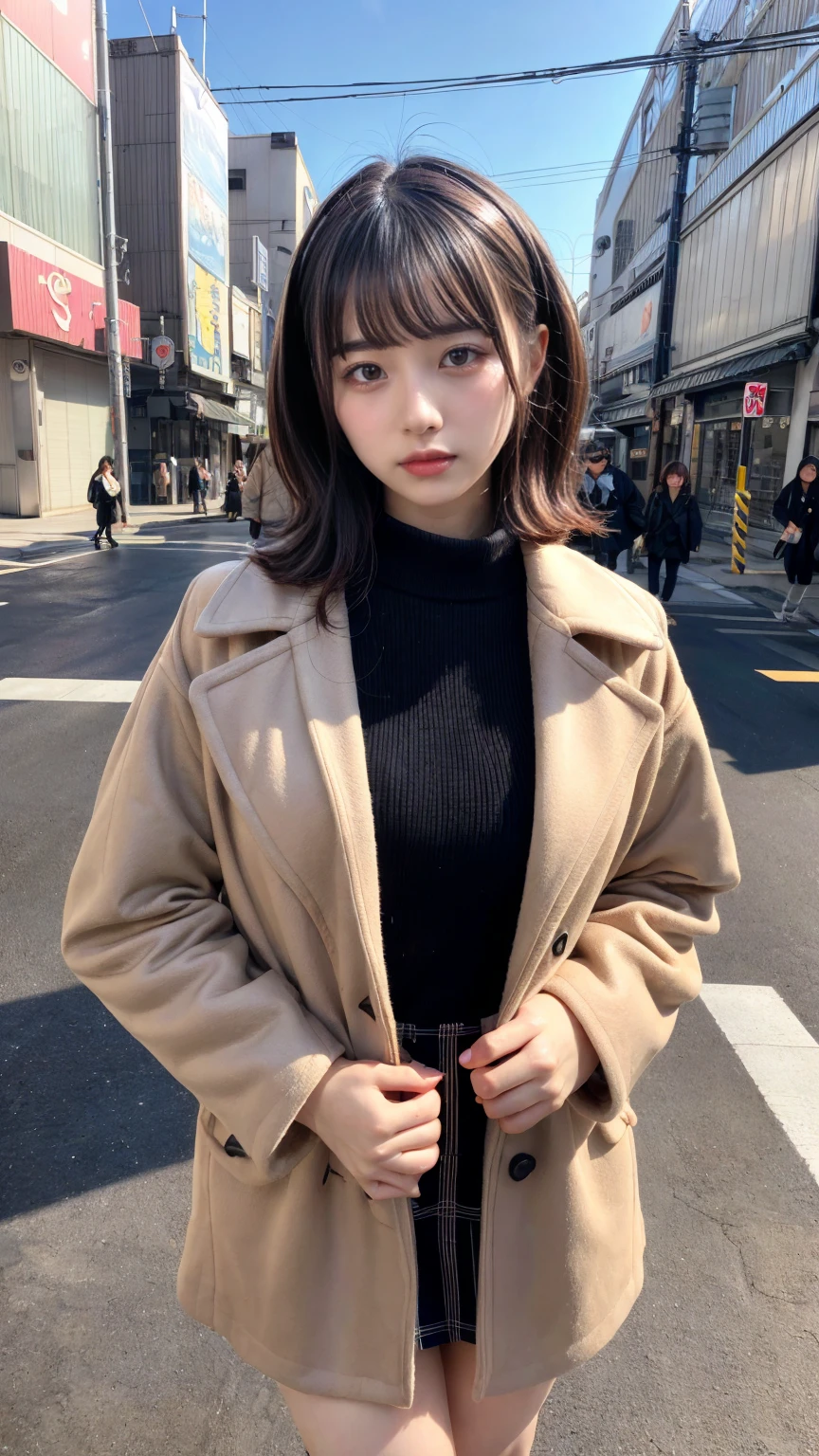 masterpiece, best quality, illustration, Super detailed, fine details, High resolution, 8K,wall paper, perfect dynamic composition,(Details High quality, realistic depiction of eyes:1.3), short hair, (wavy hair:1.2),  Gorgeous and stylish black fluffy latest trend Tokyo winter clothes, (Elegant and high quality coat:1.1)、(The perfect and most natural light brown coat:1.1), tanktop, A-line skirt, Layered Cut, black hair color, Big Natural Color Lip, sexy pose, crying a little、Harajuku style、20 year old girl、cute type、lolita, hposing Gravure Idol, full body photo、focus on crotch, huge breasts