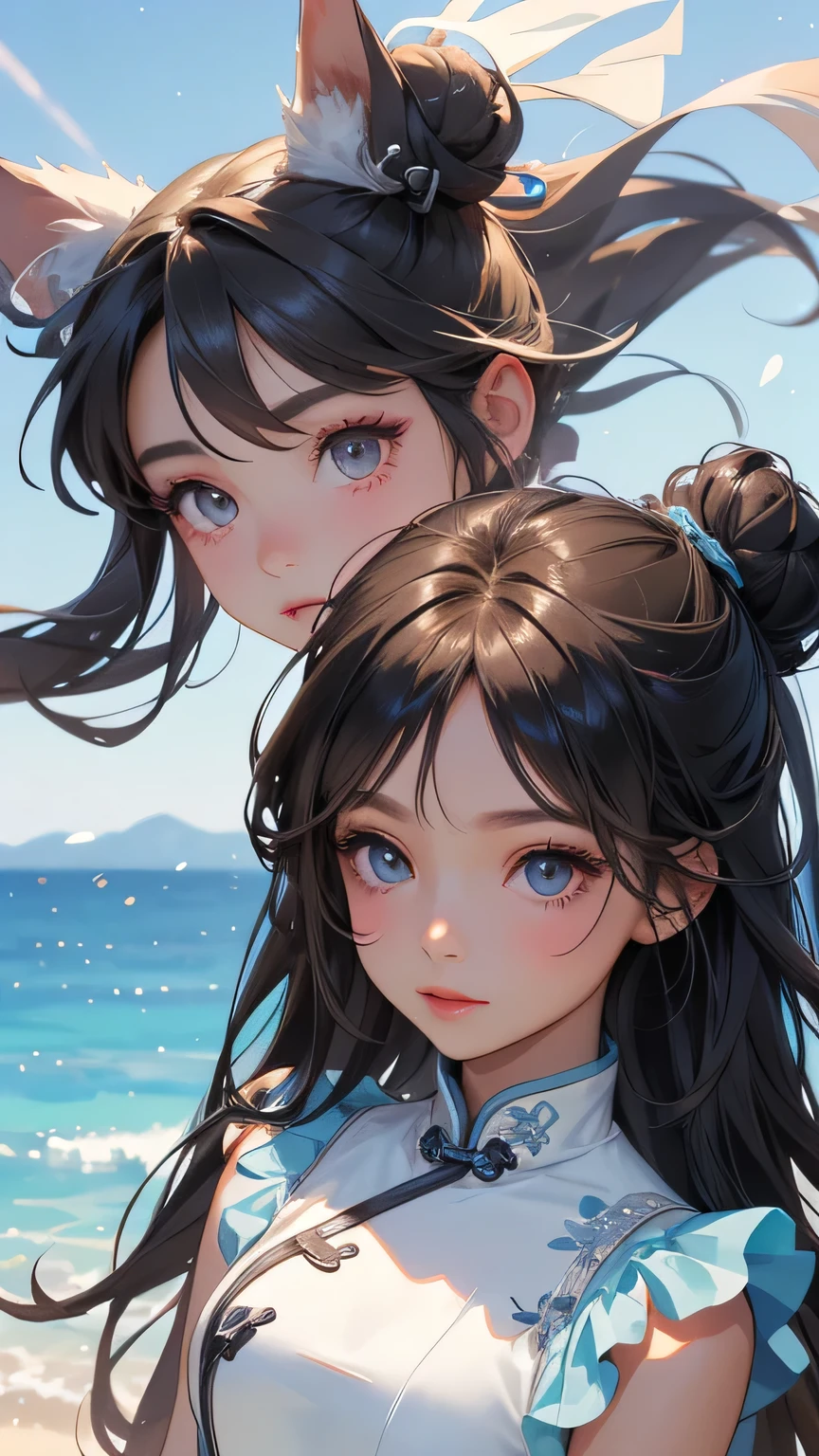 Highest quality、Realistic、、zoom、Women、、cute、Light grey eyes、Black Hair、Bun hair style、Tanned brown skin、Dark Skin、Light blue Chinese dress、No sleeve、Captivating smile、Bust Shot、Small breasts