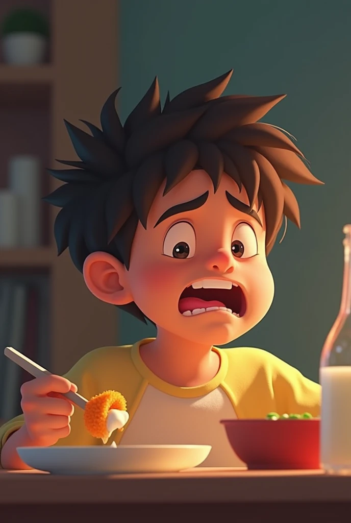 Com o tempo, the pain in João's mouth was getting worse. He started to feel a twinge every time he bit something., until one day, during lunch, he couldn't take it anymore and told his mother: