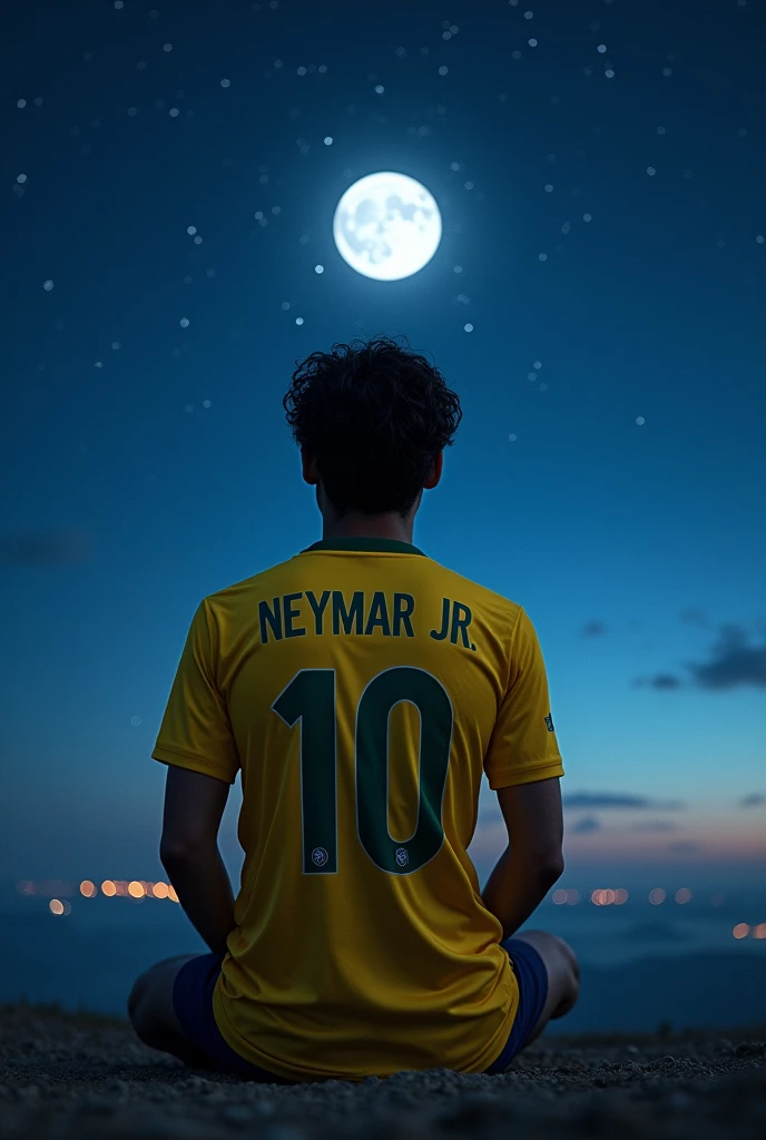 Better quality photography ((masterpiece))
A 20-year-old young man is sitting with his back turned and is watching the moon and stars at night., The young man is facing away and on his back is the name Neymar JR with the number 10 below his yellow Brazil soccer jersey, based on the Qatar World Cup He has slightly long hair and is a bit curly black Epic reality