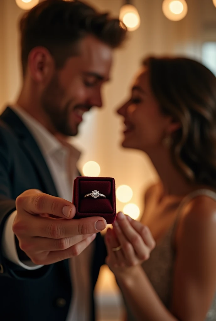 Then, he let go of one of her hands, knelt down and took a small velvet case from his pocket. When they opened, revealed a delicate ring with a central diamond, surrounded by small stones, reflecting the simplicity and elegance that suited Sofia so well.
