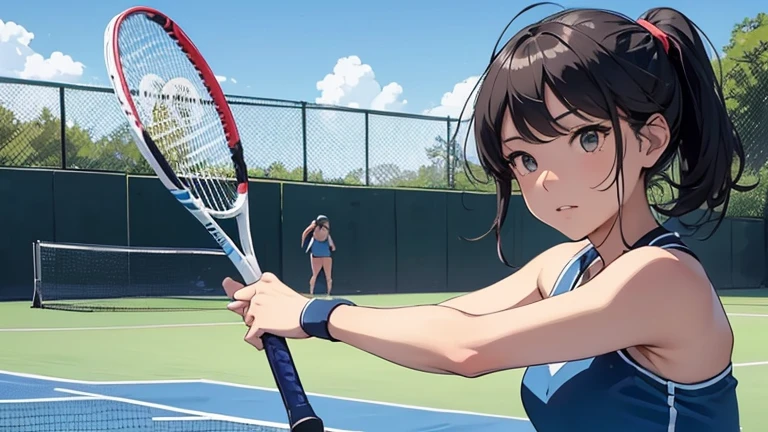On the tennis court、Please draw an illustration of a woman holding a tennis racket and powerfully serving the ball.。The woman has a concentrated expression、It shows dynamic movement.。The background features a blue sky and court lines.。