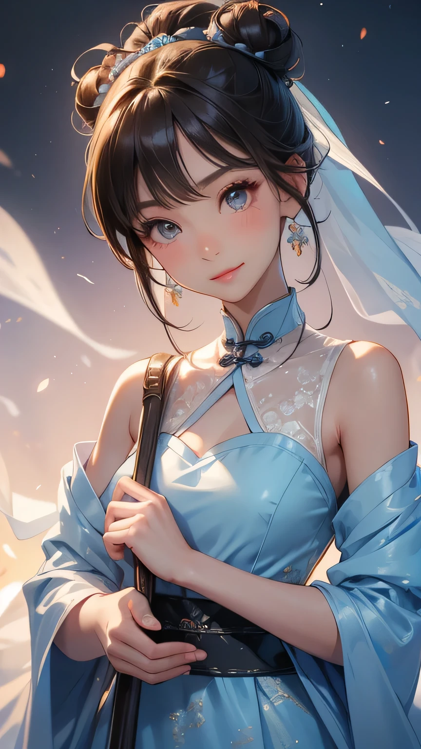 Highest quality、Realistic、、zoom、Women、a little child、cute、Light grey eyes、Black Hair、Bun hair style、Tanned brown skin、Dark Skin、Light blue Chinese dress、No sleeve、Captivating smile、Bust Shot、Small breasts