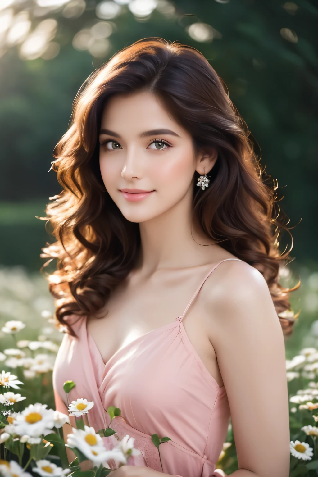 A woman in a pink dress standing in a field of flowers - SeaArt AI