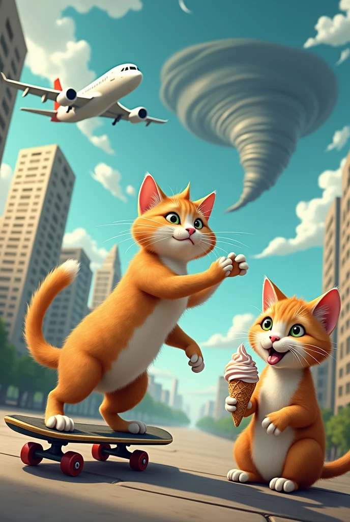 Cat on a skateboard doing dances while a plane flies over a building and another cat eating ice cream while a tornado named Gonzales is coming