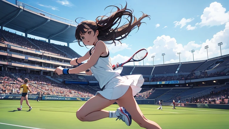 Holding a tennis racket in one hand、Please draw an illustration of a woman chasing the ball during a game.。The woman runs towards the ball with all her might、Sportswear fluttering in the wind。The audience seats can be seen in the background.、You can feel the tension of the match。