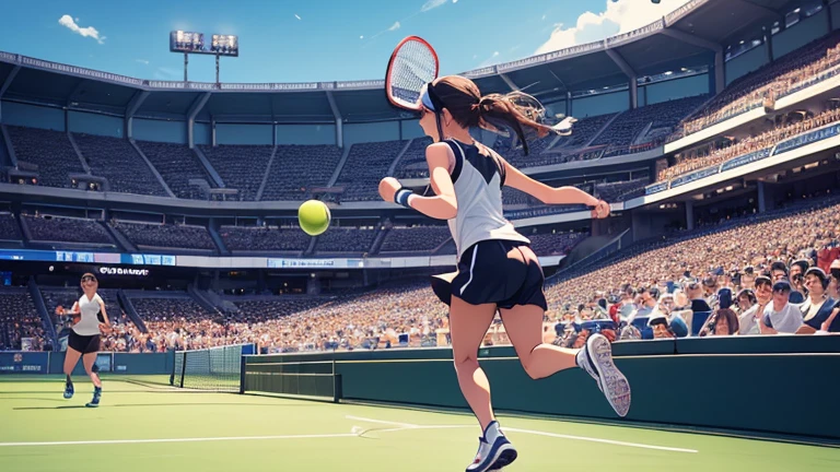 Holding a tennis racket in one hand、Please draw an illustration of a woman chasing the ball during a game.。The woman runs towards the ball with all her might、Sportswear fluttering in the wind。The audience seats can be seen in the background.、You can feel the tension of the match。