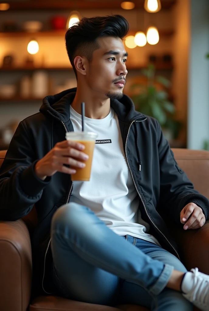 A handsome Indonesia man with a clean face, very short black hair with a slightly body athletic look on the sides, wearing a white t-shirt with a premium logo, with an open black jacket,Neat jeans, stylish sports shoes, sitting relaxed in a cafe, with a softdrink,Face straight ahead,realistic hd