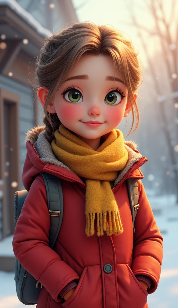 Age: Around 10 or .
Appearance: She has a cheerful, warm demeanor. Her hair is light brown or blonde, neatly tied back in a ponytail or braided. Her eyes are bright green or hazel, full of empathy and kindness. She has a healthy complexion, with rosy cheeks that hint at her vibrant personality.
Clothing: She wears a cozy, well-kept winter coat in a bright color, like red or blue, with a matching scarf and gloves. Her clothes are warm and comfortable, clearly prepared for the winter. The extra coat she brings is slightly faded but still in good condition, showing signs of careful use.