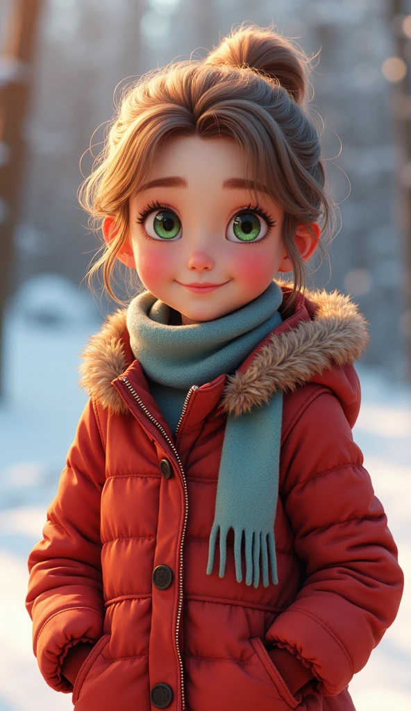 Age: Around 10 or .
Appearance: She has a cheerful, warm demeanor. Her hair is light brown or blonde, neatly tied back in a ponytail or braided. Her eyes are bright green or hazel, full of empathy and kindness. She has a healthy complexion, with rosy cheeks that hint at her vibrant personality.
Clothing: She wears a cozy, well-kept winter coat in a bright color, like red or blue, with a matching scarf and gloves. Her clothes are warm and comfortable, clearly prepared for the winter. The extra coat she brings is slightly faded but still in good condition, showing signs of careful use.