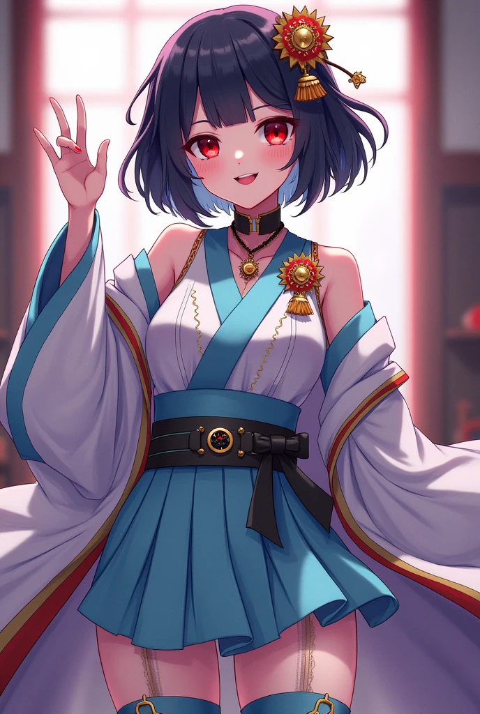 [Demon Slayer] , Female gender, black hair, with a square bang and her hair short to her shoulders , with a star brooch, a black ribbon on the neck with a sun pendant, custom hunter uniform, instead of the traditional hakama pants, She wears a pleated skirt that reaches mid-thigh with shorts that are longer than the skirt., a pastel blue sash and leg warmers, crimson red eye color, White skin, with a smile,  girl