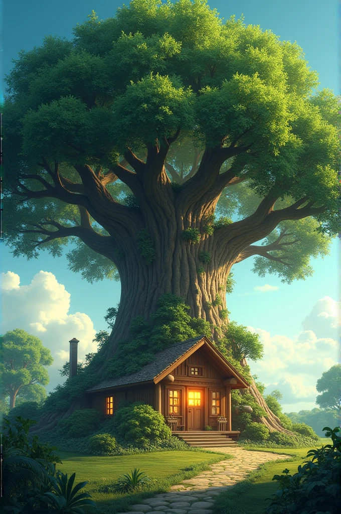 A big tree of life with a power shield, shielding a happy family in a house from harm of viruses, bacteria, germs and anything that will make them sick