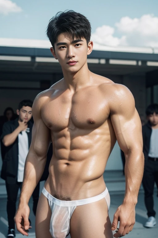   (masterpiece, ultra quality, high resolution, 8k, intricate: 1.2), (detailed face:1.2), handsome,  2 Young Korean man having sex ,white skin, double eyelids , detailed skin, 1boy, ((realistic)), abs, good lighting quality, muscle veins, ((pale skin)), (drooling:1.2), side view, lust face, (look at spiral on TV:1.3), (viewer pop:1.3), full body shot 