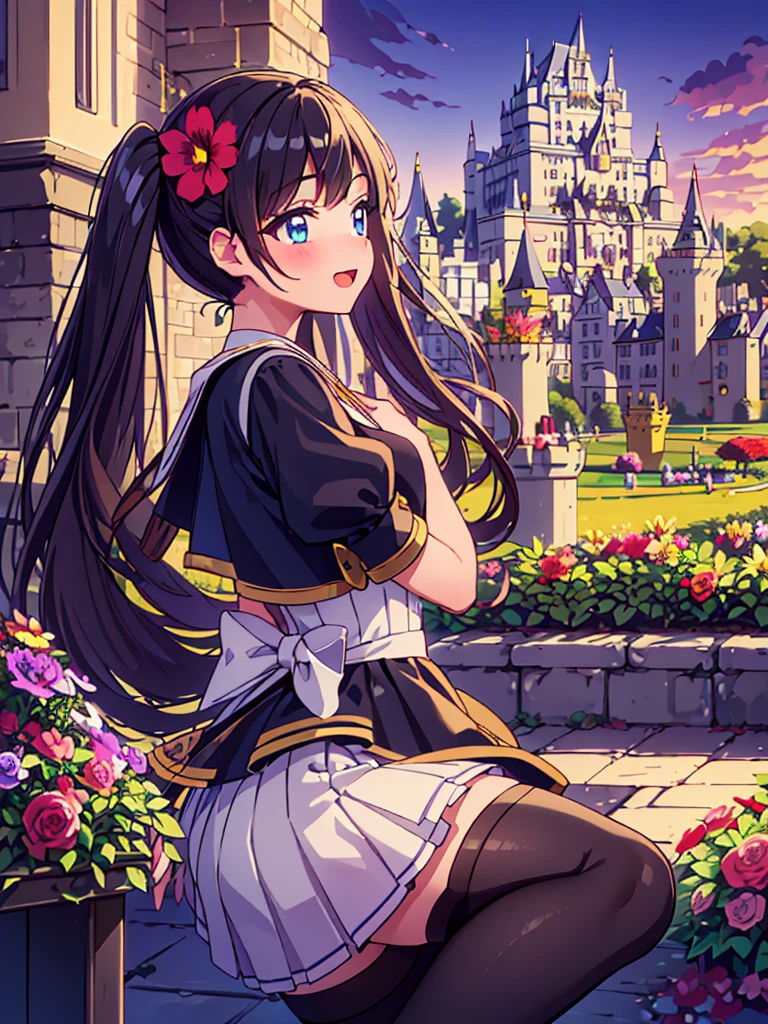 (Highest quality, Very detailed),Sailor dress, Holding a brass instrument,Black Stockings, Twin tails, Elegant pose, Sensual look, Luxurious atmosphere, sunny, Vintage Style, Vibrant colors,Detailed fingers,Open Mouth Smile,blush,(A flower garden with a castle in the distance:1.5)