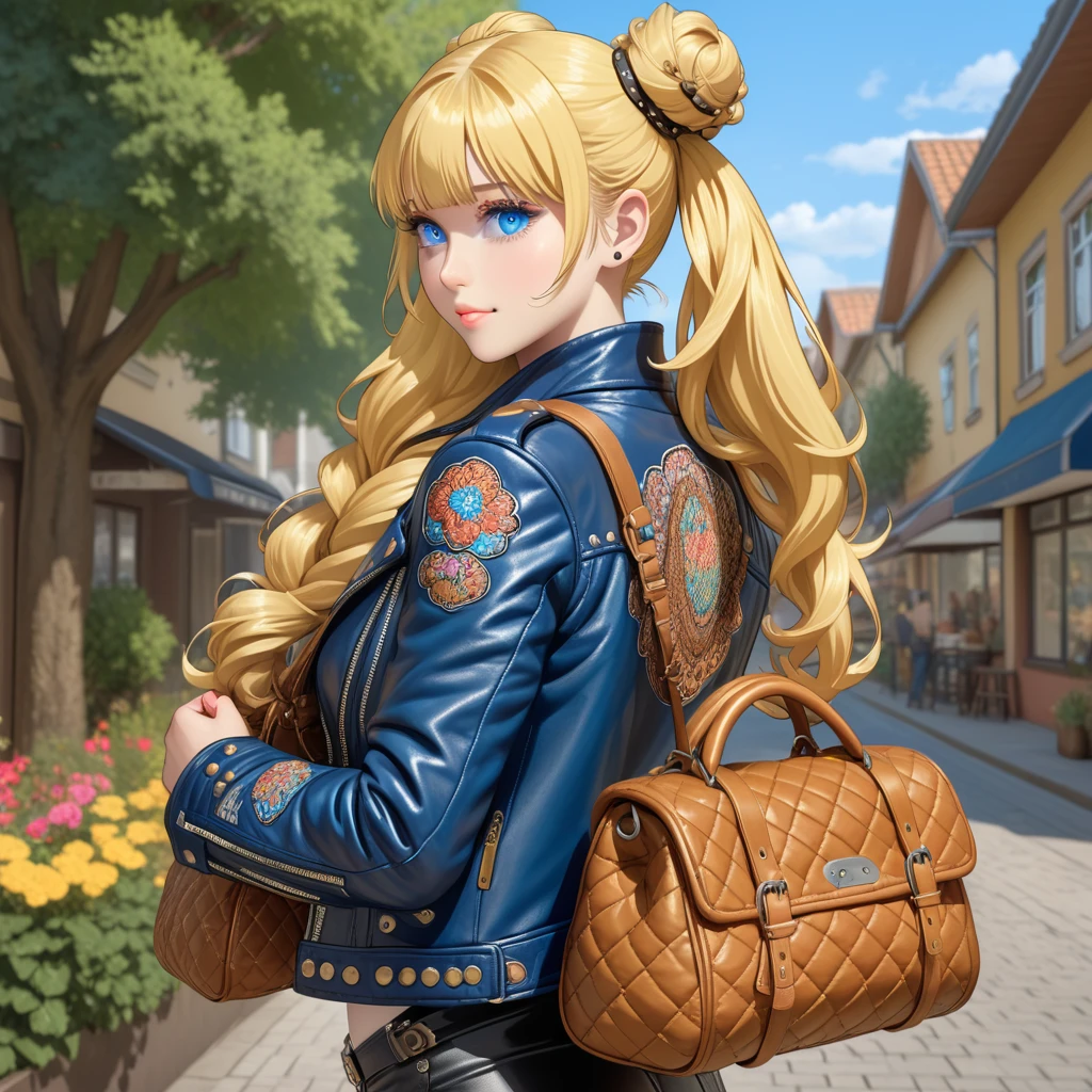 Young blonde woman with long blonde hair, two long golden tails and two bunches, blonde hair, very long hair, two tails, hair bun, double bun, bangs with a parting, blue eyes, in a leather jacket, in a leather bag, leather quilter, open leather jacket and leather hat with rivets.