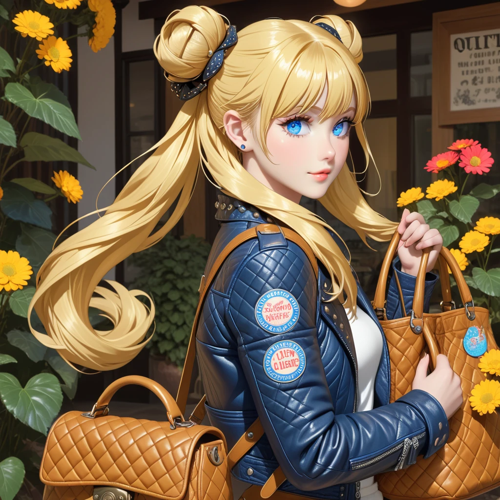 Young blonde woman with long blonde hair, two long golden tails and two bunches, blonde hair, very long hair, two tails, hair bun, double bun, bangs with a parting, blue eyes, in a leather jacket, in a leather bag, leather quilter, open leather jacket and leather hat with rivets.