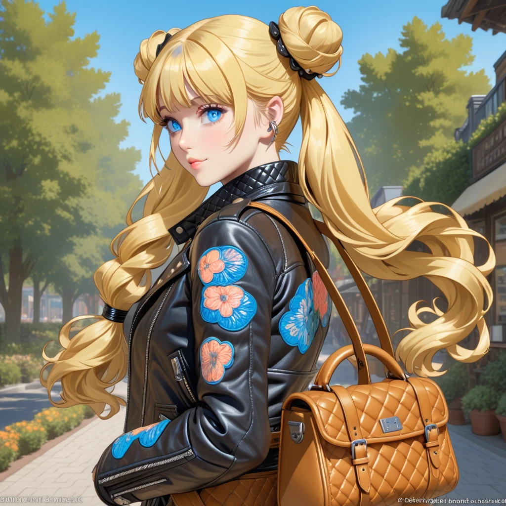 Young blonde woman with long blonde hair, two long golden tails and two bunches, blonde hair, very long hair, two tails, hair bun, double bun, bangs with a parting, blue eyes, in a leather jacket, in a leather bag, leather quilter, open leather jacket and leather hat with rivets.