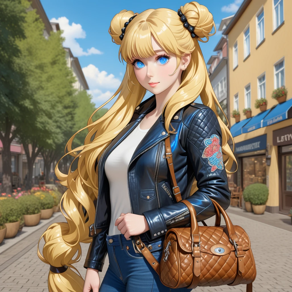 Young blonde woman with long blonde hair, two long golden tails and two bunches, blonde hair, very long hair, two tails, hair bun, double bun, bangs with a parting, blue eyes, in a leather jacket, in a leather bag, leather quilter, open leather jacket and leather hat with rivets.