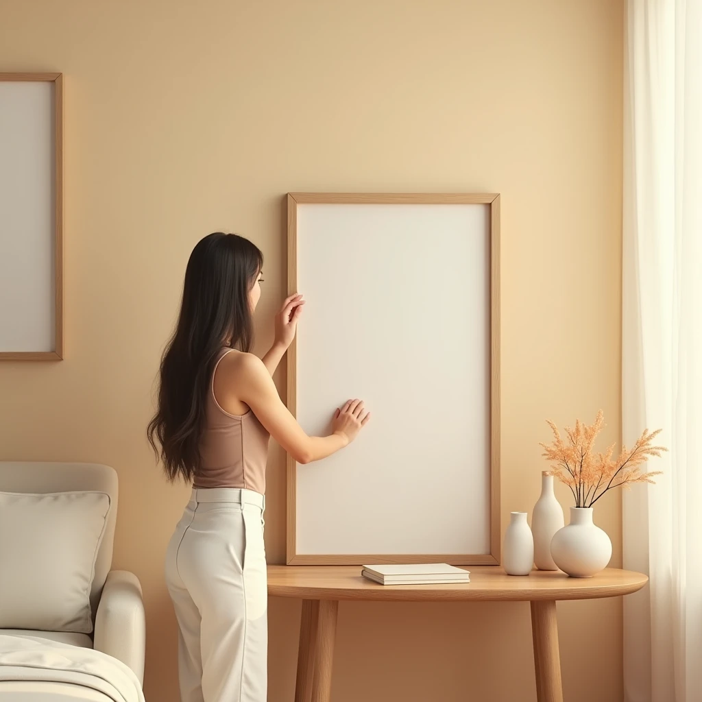 A stylish, minimalistic interior scene featuring a wooden side table with rounded edges. On the table is a framed vertical picture with a blank canvas, placed slightly leaning against a beige wall. A person with long hair, wearing a sleeveless top and white pants, is seen adjusting the frame, but the focus is mainly on the frame and the interior decor. The overall color scheme is warm and neutral, with soft lighting that enhances the cozy and modern atmosphere. There are decorative items like a vase and a book on the table