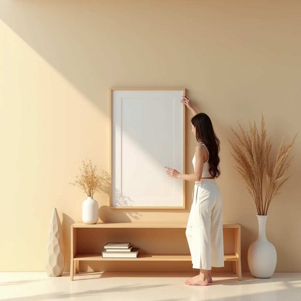 A stylish, minimalistic interior scene featuring a wooden side table with rounded edges. On the table is a framed vertical picture with a blank canvas, placed slightly leaning against a beige wall. A person with long hair, wearing a sleeveless top and white pants, is seen adjusting the frame, but the focus is mainly on the frame and the interior decor. The overall color scheme is warm and neutral, with soft lighting that enhances the cozy and modern atmosphere. There are decorative items like a vase and a book on the table