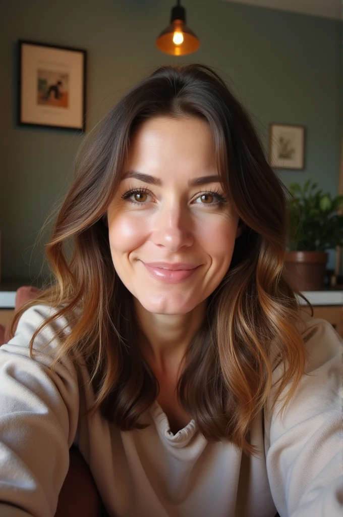 Generate a full face taken selfie of a 40 year old lady with a brown hair sitting in her bedroom