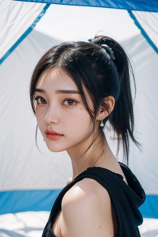(2 pure Japanese girl,), (Small breasts:1.5,),(Mole on left side of neck:1.5),(solo,,Textured skin, Detailed skin,Detailed face,Detailed eyes,detailed posing,Natural eyebrows,Sparkling Eyes,High detail, Highest quality, Super detailed, Surrealism, ,8k,RAW Photos,Photographicism,Professional Lighting,Ray Tracing,Portrait Photography,Natural Light),(((Black Hair, Natural Makeup,Simple earrings, ponytail, ))),Inside the tent,hoodie,sleeping bag)))